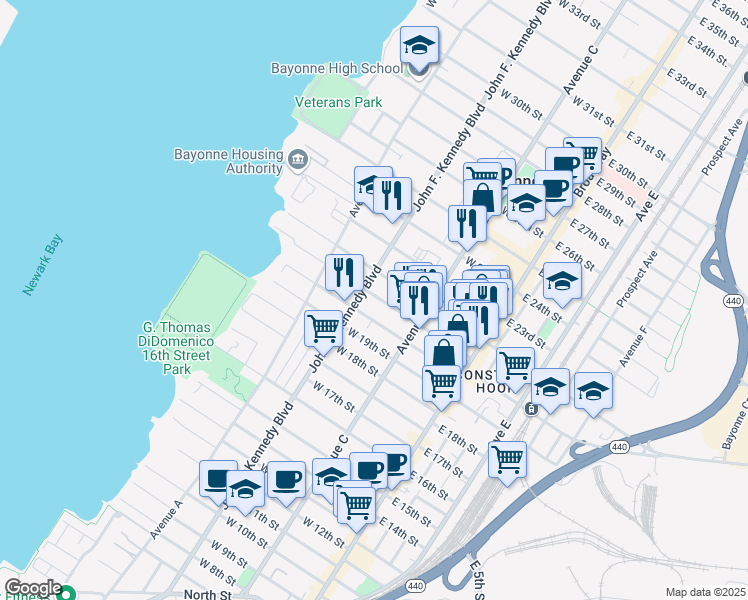 map of restaurants, bars, coffee shops, grocery stores, and more near 549 John F. Kennedy Boulevard in Bayonne