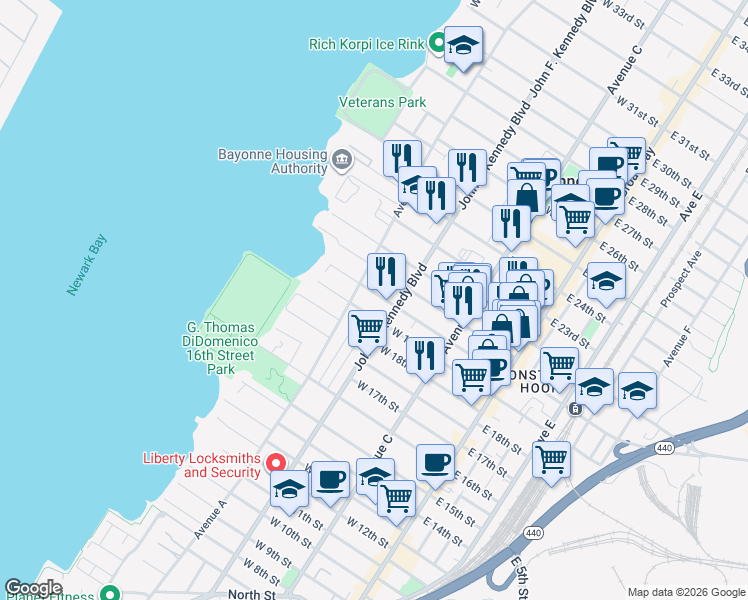 map of restaurants, bars, coffee shops, grocery stores, and more near 133 West 20th Street in Bayonne