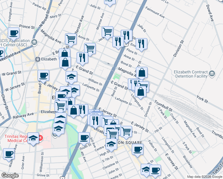 map of restaurants, bars, coffee shops, grocery stores, and more near 175 Spring Street in Elizabeth