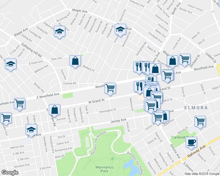 map of restaurants, bars, coffee shops, grocery stores, and more near 744 Westfield Avenue in Elizabeth