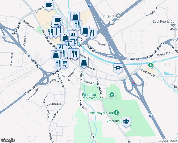 map of restaurants, bars, coffee shops, grocery stores, and more near 323 McKinley Street in East Peoria