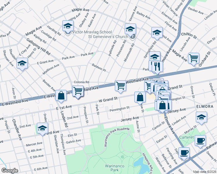 map of restaurants, bars, coffee shops, grocery stores, and more near 818 Westfield Avenue in Elizabeth