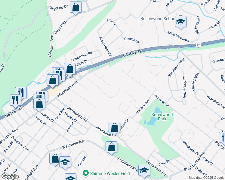 map of restaurants, bars, coffee shops, grocery stores, and more near 368 Fawnridge Drive in Scotch Plains