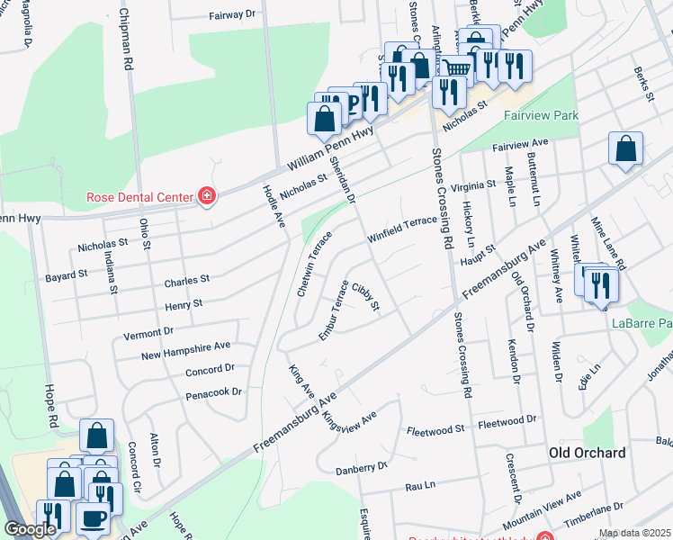 map of restaurants, bars, coffee shops, grocery stores, and more near 4310 Winfield Terrace in Easton