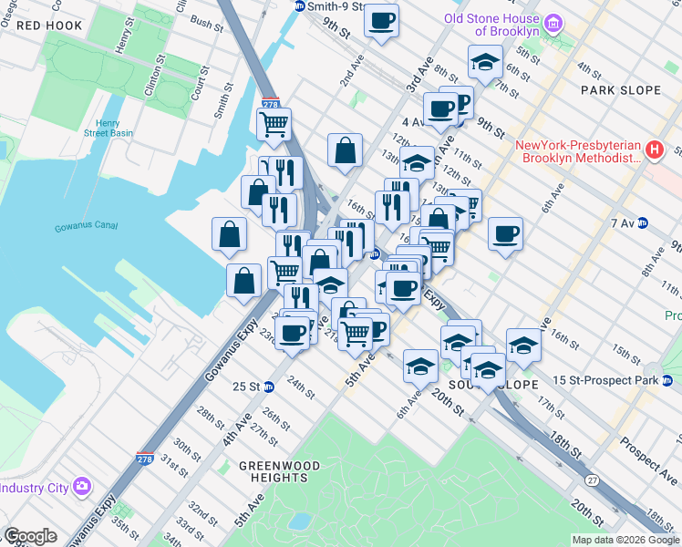 map of restaurants, bars, coffee shops, grocery stores, and more near 145 18th Street in Brooklyn
