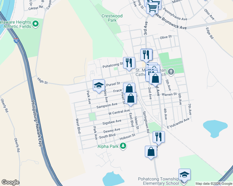 map of restaurants, bars, coffee shops, grocery stores, and more near 17 Lyons Court in Phillipsburg