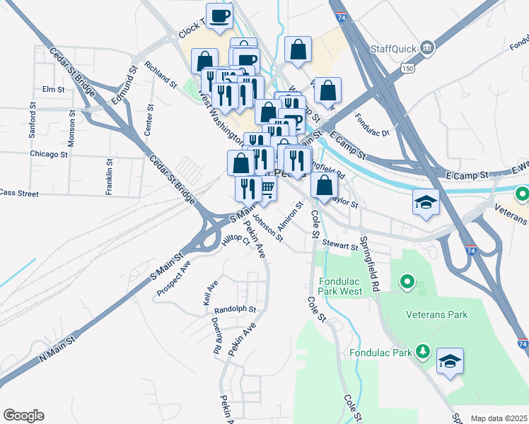 map of restaurants, bars, coffee shops, grocery stores, and more near 201 South Main Street in East Peoria