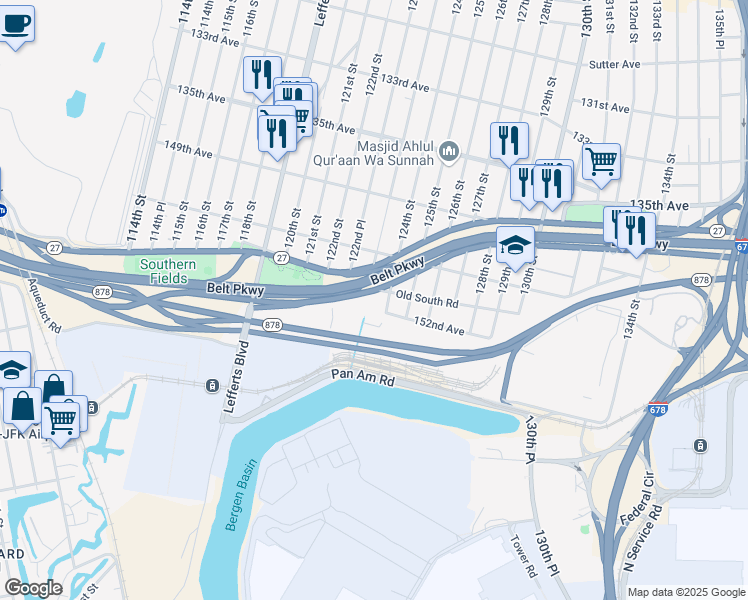 map of restaurants, bars, coffee shops, grocery stores, and more near 124-10 South Conduit Avenue in Queens
