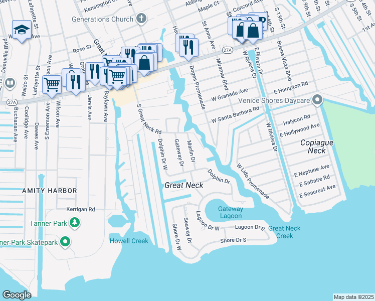 map of restaurants, bars, coffee shops, grocery stores, and more near 25 Gateway Drive in Copiague