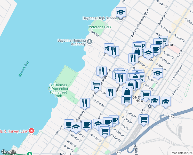 map of restaurants, bars, coffee shops, grocery stores, and more near 132 West 20th Street in Bayonne