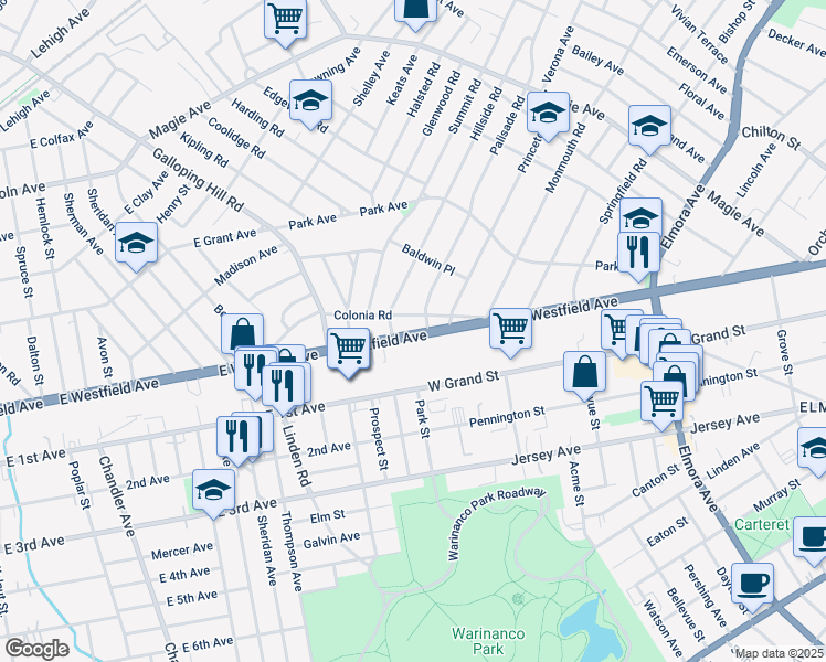 map of restaurants, bars, coffee shops, grocery stores, and more near 3 Hillside Road in Elizabeth