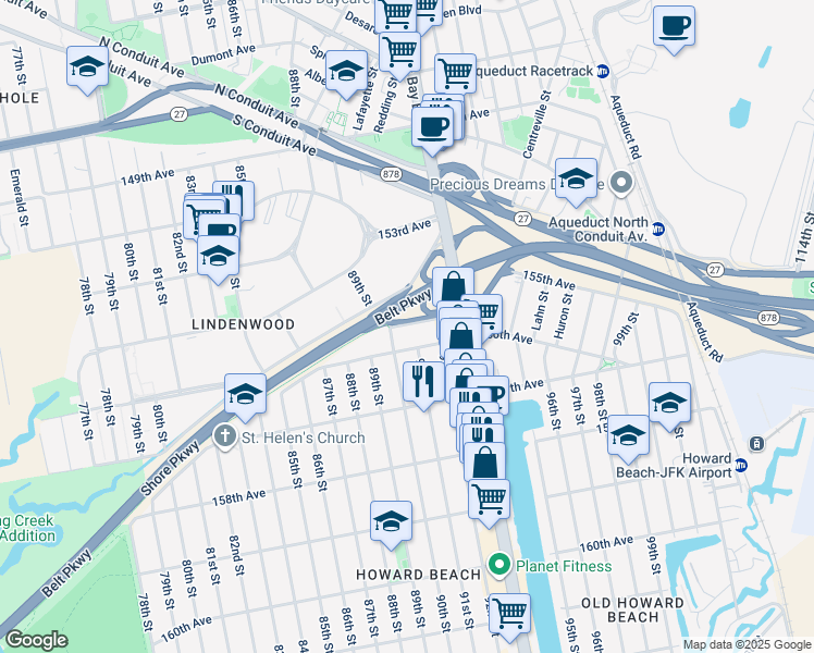 map of restaurants, bars, coffee shops, grocery stores, and more near 9016 Shore Parkway in Queens