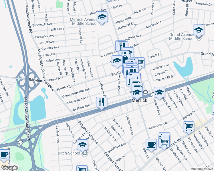 map of restaurants, bars, coffee shops, grocery stores, and more near 2135 Jefferson Street in Merrick