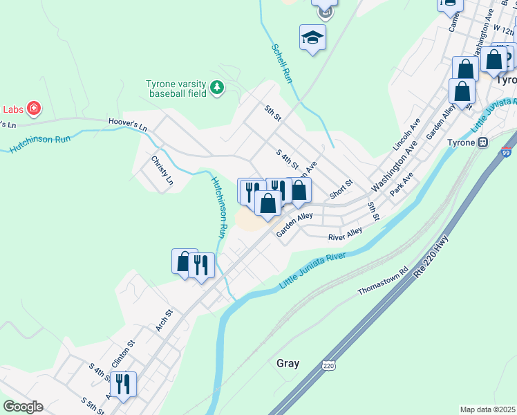 map of restaurants, bars, coffee shops, grocery stores, and more near 201 Jefferson Avenue in Tyrone