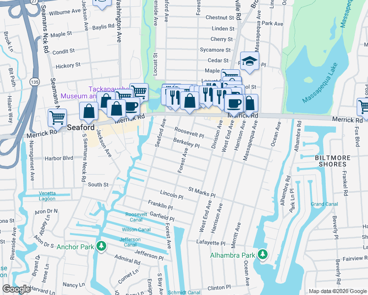 map of restaurants, bars, coffee shops, grocery stores, and more near 97 Berkeley Place in Massapequa