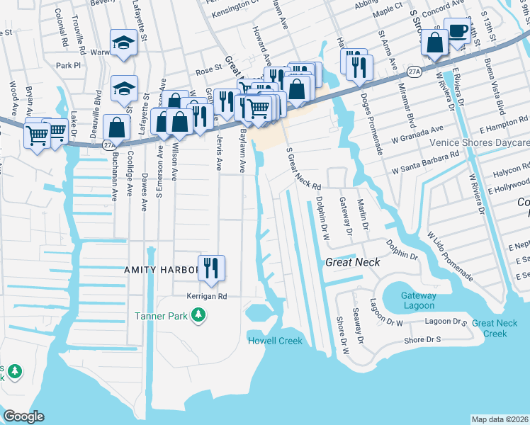 map of restaurants, bars, coffee shops, grocery stores, and more near 141 Mariners Way in Copiague