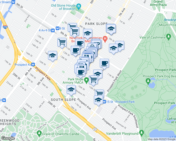 map of restaurants, bars, coffee shops, grocery stores, and more near 389 7th Avenue in Brooklyn