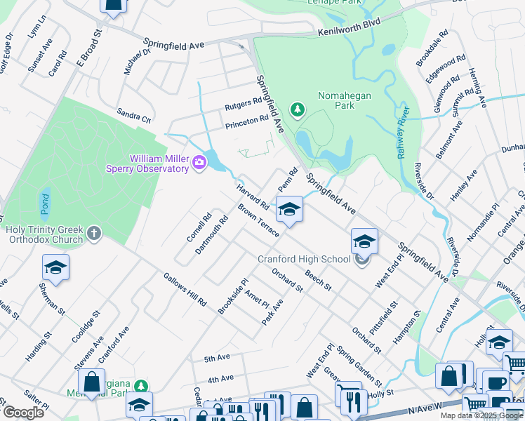 map of restaurants, bars, coffee shops, grocery stores, and more near 18 Penn Road in Cranford