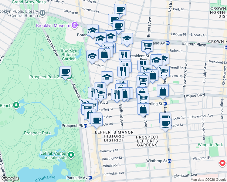 map of restaurants, bars, coffee shops, grocery stores, and more near 77 Sullivan Place in Brooklyn