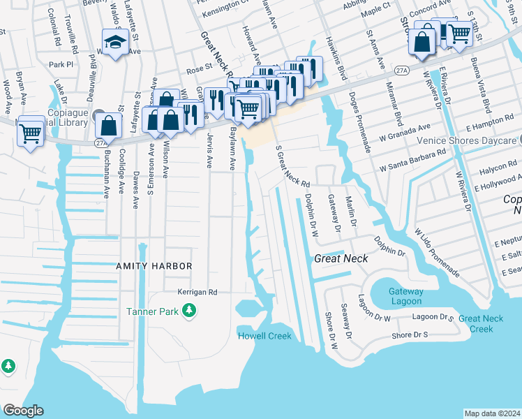 map of restaurants, bars, coffee shops, grocery stores, and more near 131 Mariners Way in Copiague