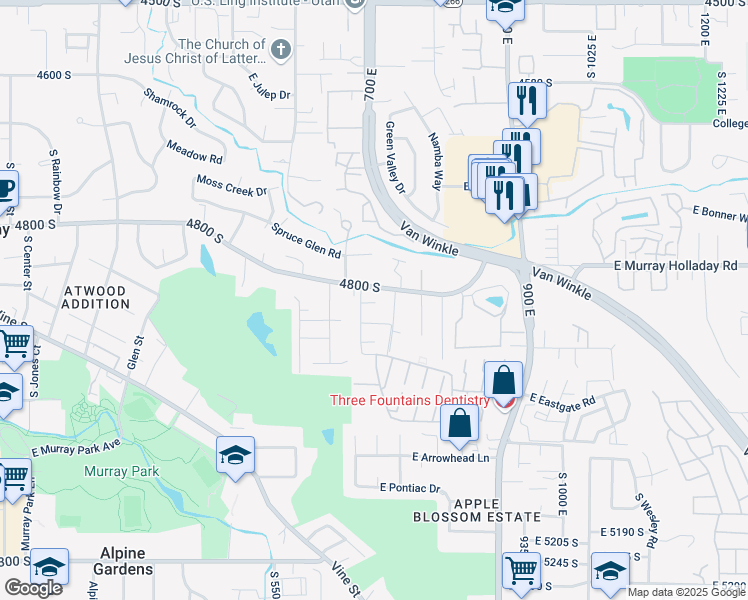 map of restaurants, bars, coffee shops, grocery stores, and more near 693 4800 South in Murray