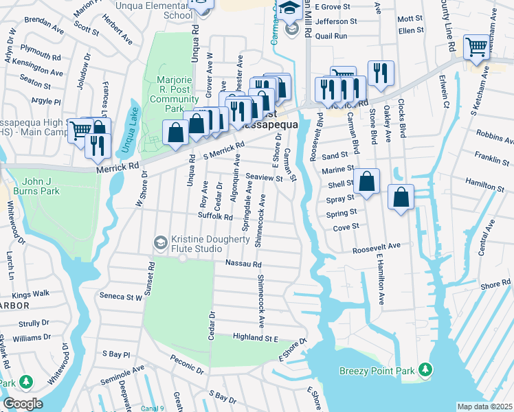 map of restaurants, bars, coffee shops, grocery stores, and more near 15 Shinnecock Avenue in Massapequa