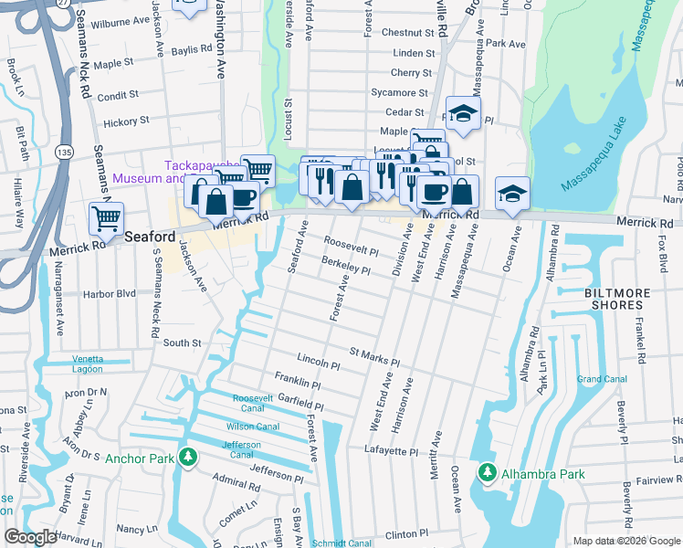 map of restaurants, bars, coffee shops, grocery stores, and more near 97 Berkeley Place in Massapequa