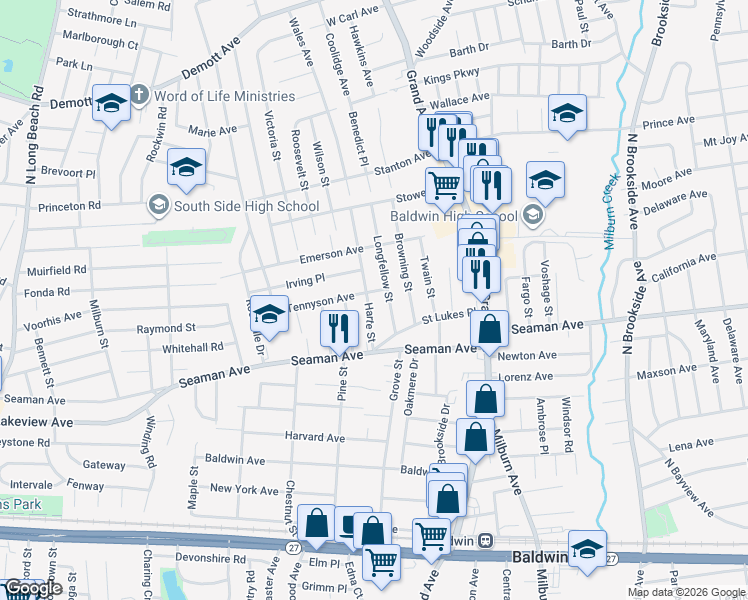 map of restaurants, bars, coffee shops, grocery stores, and more near 1869 Harte Street in Baldwin