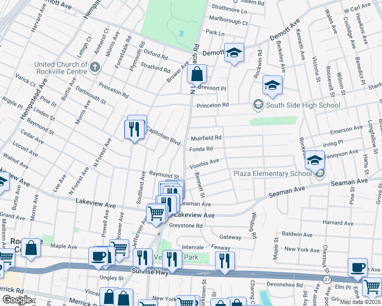 map of restaurants, bars, coffee shops, grocery stores, and more near 9 Fonda Road in Rockville Centre