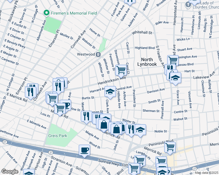 map of restaurants, bars, coffee shops, grocery stores, and more near 190 Hendrickson Avenue in Lynbrook