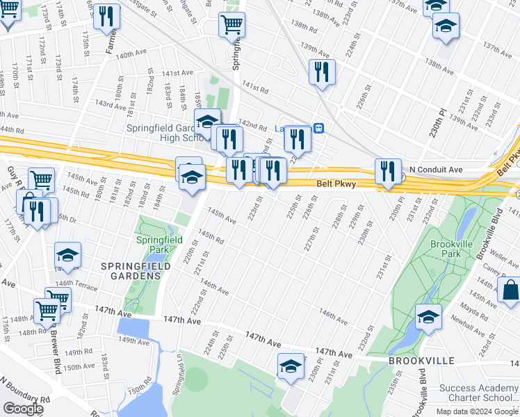 map of restaurants, bars, coffee shops, grocery stores, and more near 144-11 223rd Street in Queens