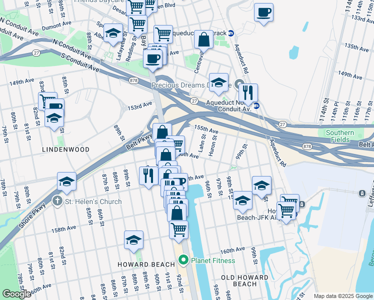 map of restaurants, bars, coffee shops, grocery stores, and more near 155-35 Killarney Street in Queens