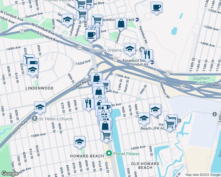 map of restaurants, bars, coffee shops, grocery stores, and more near 155-35 Killarney Street in Queens