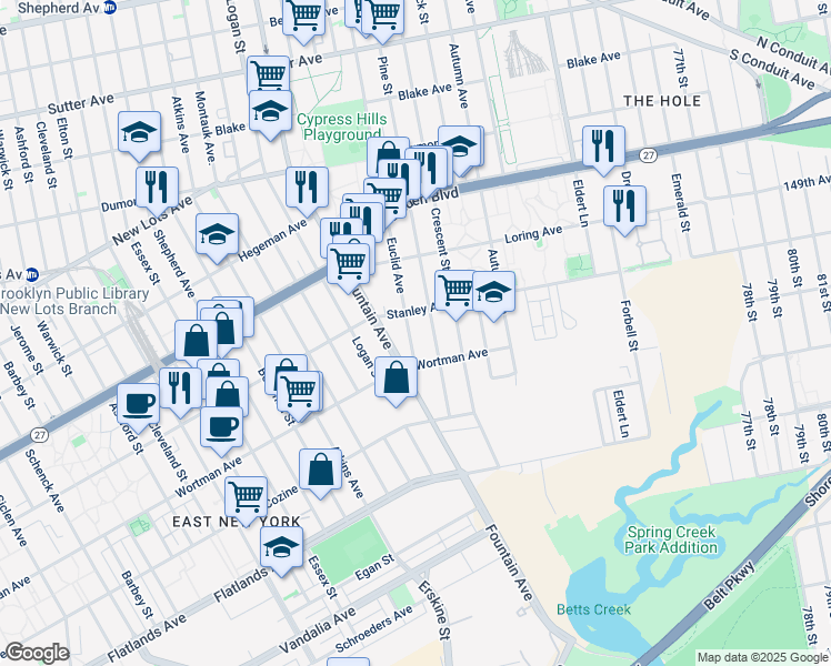 map of restaurants, bars, coffee shops, grocery stores, and more near 1098 Stanley Avenue in Brooklyn