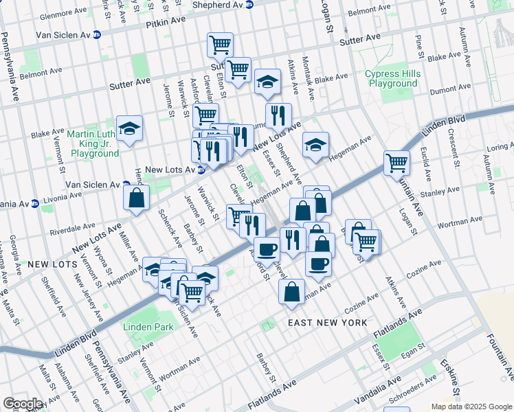 map of restaurants, bars, coffee shops, grocery stores, and more near 805 Cleveland Street in Brooklyn