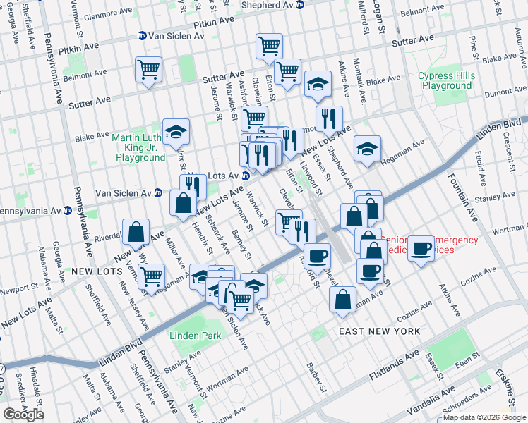 map of restaurants, bars, coffee shops, grocery stores, and more near 691 Ashford Street in Brooklyn