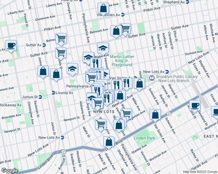 map of restaurants, bars, coffee shops, grocery stores, and more near 581 New Jersey Avenue in Brooklyn