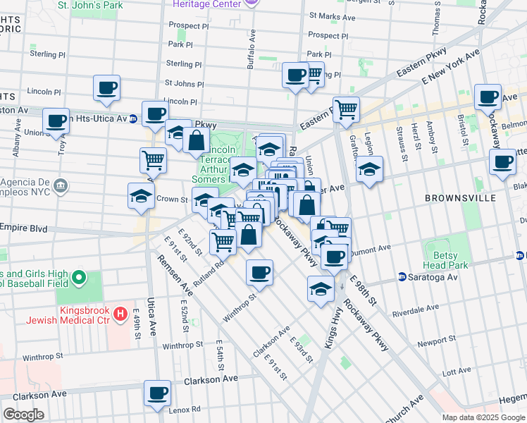 map of restaurants, bars, coffee shops, grocery stores, and more near 48 Rockaway Parkway in Brooklyn