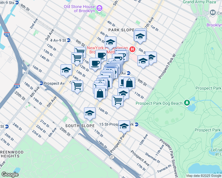 map of restaurants, bars, coffee shops, grocery stores, and more near 389 7th Avenue in Brooklyn