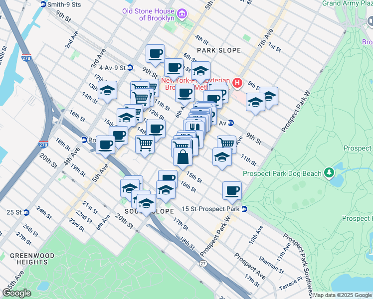 map of restaurants, bars, coffee shops, grocery stores, and more near 365 13th Street in Brooklyn