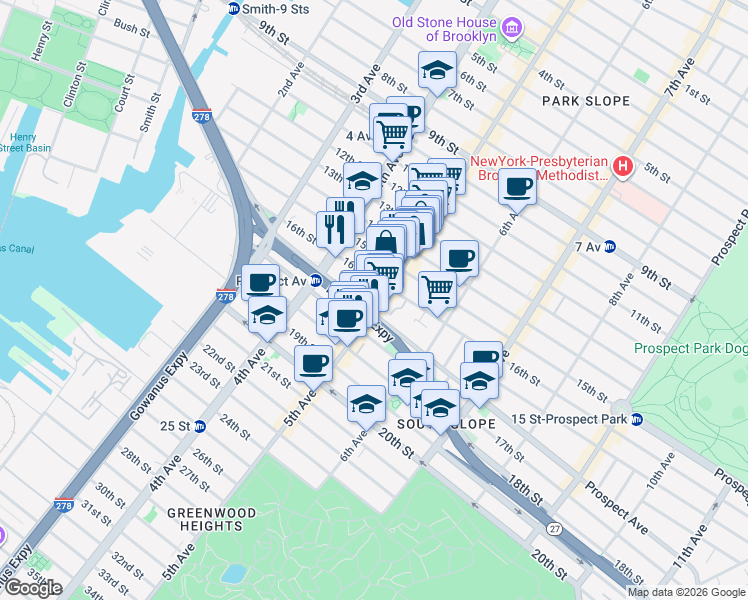 map of restaurants, bars, coffee shops, grocery stores, and more near 162 16th Street in Brooklyn