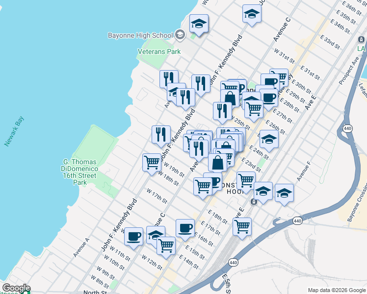 map of restaurants, bars, coffee shops, grocery stores, and more near 86 West 22nd Street in Bayonne