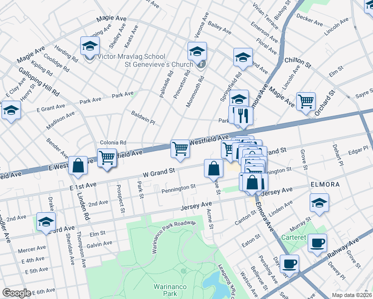 map of restaurants, bars, coffee shops, grocery stores, and more near 744 Westfield Avenue in Elizabeth