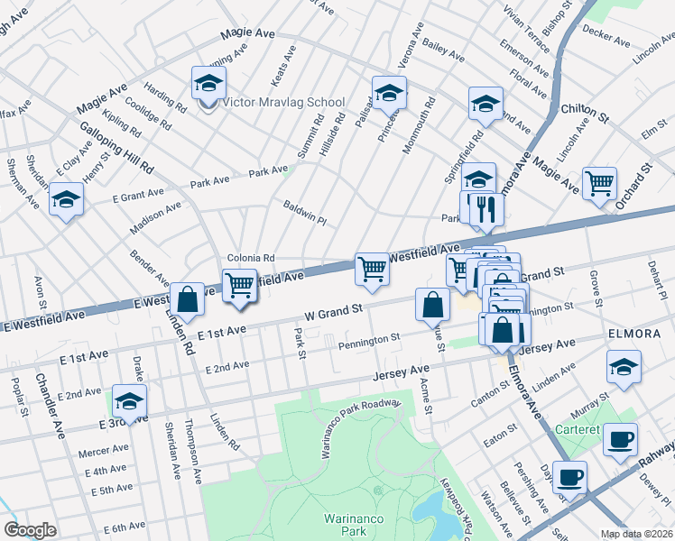 map of restaurants, bars, coffee shops, grocery stores, and more near 807 Colonia Road in Elizabeth