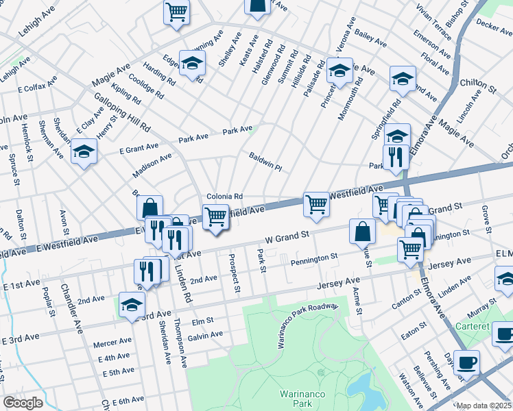 map of restaurants, bars, coffee shops, grocery stores, and more near 3 Hillside Road in Elizabeth
