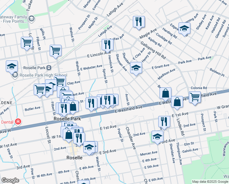 map of restaurants, bars, coffee shops, grocery stores, and more near 220 East Grant Avenue in Roselle Park