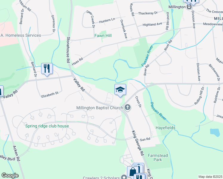 map of restaurants, bars, coffee shops, grocery stores, and more near 3074 Valley Road in Bernards