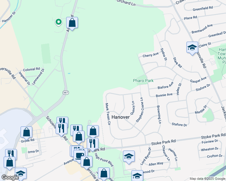 map of restaurants, bars, coffee shops, grocery stores, and more near 2040 Mark Twain Cir in Bethlehem