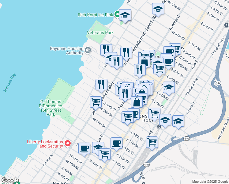 map of restaurants, bars, coffee shops, grocery stores, and more near 86 West 22nd Street in Bayonne