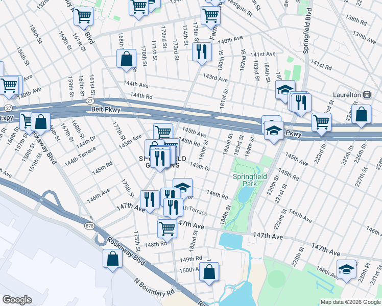 map of restaurants, bars, coffee shops, grocery stores, and more near 179-12 145th Road in Queens